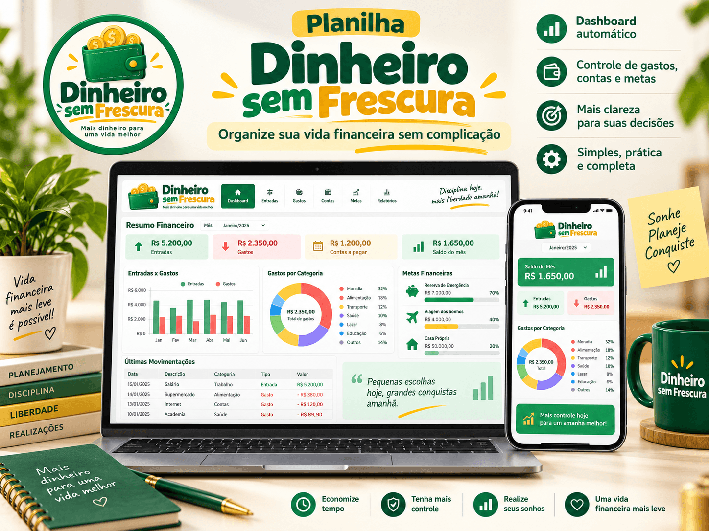 Planilha Dinheiro sem Frescura exibida em notebook e celular