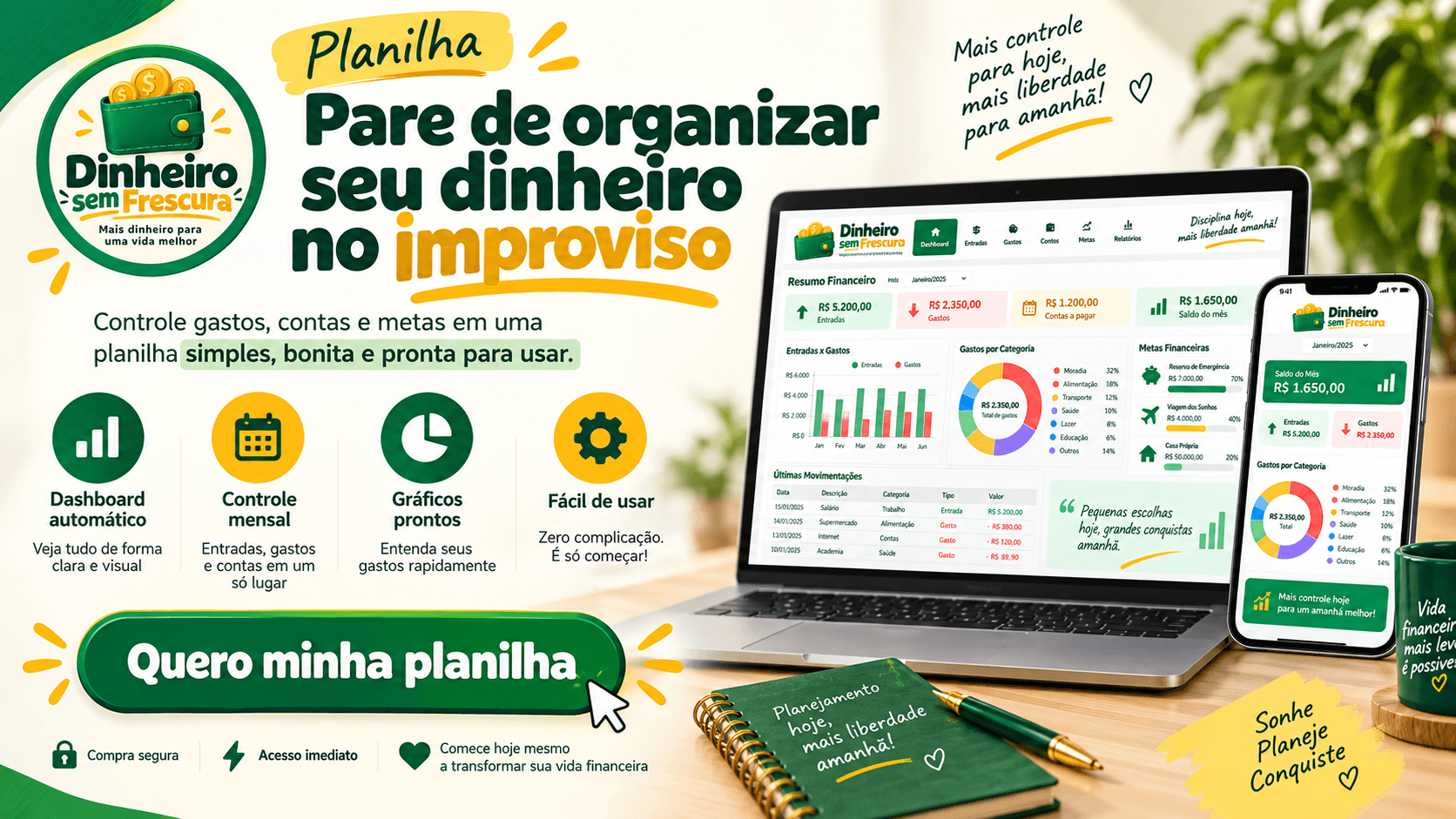 Organização financeira com a planilha